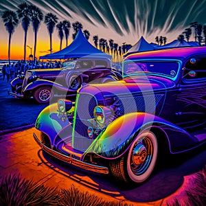 Trippin\' car show on beach with palms in super saturated neon colors