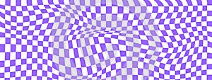 Trippy background with warped purple and white squares. Distorted chess board pattern. Chequered visual illusion