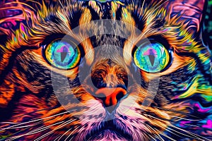 trippy cat with its eyes wide open, staring into infinity