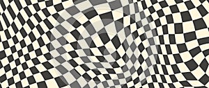 Trippy checkerboard background. Retro psychedelic checkered wallpaper. Wavy groovy chessboard surface. Distorted