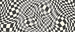Trippy checkerboard background. Retro psychedelic checkered wallpaper. Wavy groovy chessboard surface. Distorted