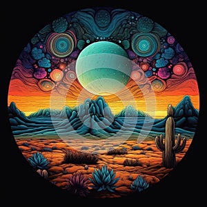 Trippy desert landscape with swirling colors, cacti, and a mesmerizing sunset photo