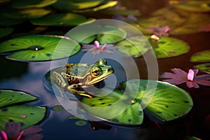 trippy frog jumping from lily pad to lily pad