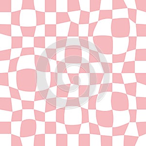 Trippy grid retro distorted chessboard background. Vintage groovy pink abstract geometric pattern for textile. Vector