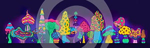Trippy mushroom background. Acid psychedelic magic wallpaper with colorful fairy forest plants, fairy psilocybin trance