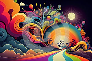 Trippy and psychedelic artwork. Surreal illustration in vivid multicolors. Road theme