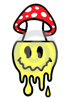Trippy smile face,amanita mushroom.Vector 90s style cartoon character illustration.Isolated on white.Trippy smile smiley