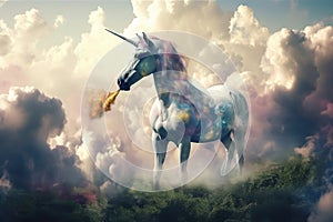 trippy unicorn, with its head in the clouds and hoofs on the ground photo