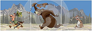 Triptych cartoon bear chasing a hunter and the hare scoffs
