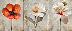 Triptych of Elegant Florals on Vintage Backdrop. Concept Floral Arrangements, Vintage Backdrops,