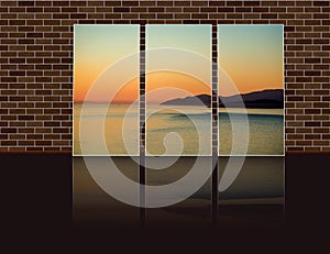 triptych photo with azure smooth surface of the ocean with yellow glare of the setting sun