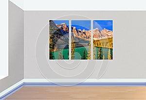 Triptych pictures of the lake, rocky mountains and blue sky, han