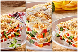 Triptych showing portions of vegetable lasagne photo