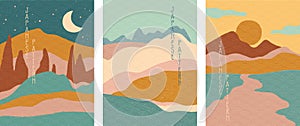Triptych of simple stylised minimalist Japanese landscapes