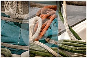 Triptych Storyboard of Red, Green and White Ropes With Turquoise Sail Cover