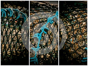 Triptych Storyboard of Turquoise Rope on Black Mesh of a Lobster Pot