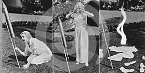 Triptych of woman lighting rocket and exploding photo