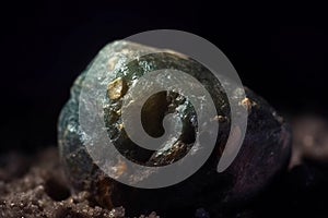 Tripuhyite fossil mineral stone. Geological crystalline fossil. Dark background close-up.