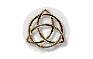 Triquetra geometric logo, Gold Trinity Knot, Wiccan symbol for protection. Vector golden and black Celtic knot