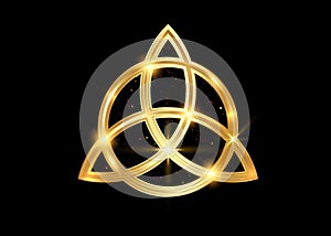 Triquetra geometric logo, Gold Trinity Knot, Wiccan symbol for protection. Vector golden Celtic trinity knot set isolated on black