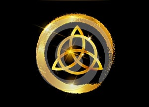 Triquetra, Gold Trinity Knot, Wiccan symbol for protection. Vector gold leaf Celtic trinity knot set isolated on black background