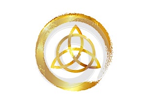 Triquetra, Gold Trinity Knot, Wiccan symbol for protection. Vector gold leaf Celtic trinity knot set  on white background