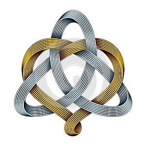 Triquetra with heart of golden and silver mobius strips. Harmonic love symbol. Vector illustration