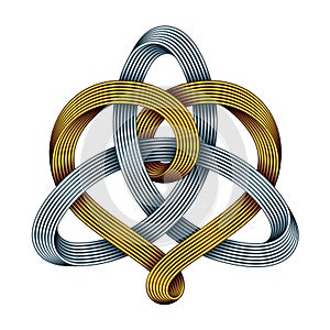 Triquetra with heart of golden and silver mobius strips. Unity in love symbol. Vector illustration