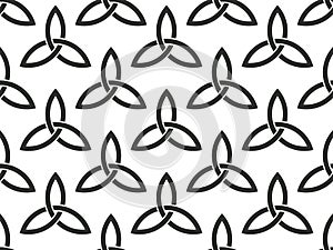 Triquetra seamless pattern. Black symbols isolated on white background. Trinity or trefoil knot. Celtic symbol of eternity. Vector