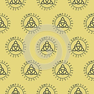 Triquetra sign, celtic knot logo. Seamless pattern. Scandinavian protective amulet. Viking runes. Pagan vector. Celtic symbol