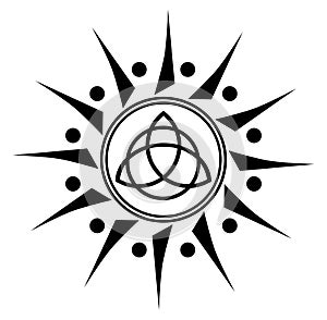 Triquetra in stylized sun, tattoo, black and white, isolated.