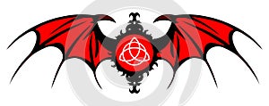 Triquetra symbol in decoration with bat wings, red and black, isolated.