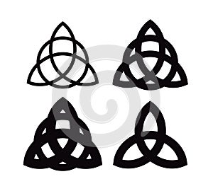 Triquetra - Wiccan symbol from Charmed. Celtic Pagan trinity knots different forms. Vector icons of ancient emblems.