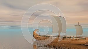 Trireme boat on the ocean - 3D render
