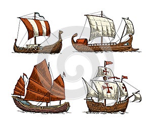 Trireme, caravel, drakkar, junk. Set sailing ships floating sea waves.