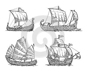 Trireme, caravel, drakkar, junk. Set sailing ships floating sea waves.