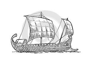 Trireme floating on the sea waves. intage engraving illustration