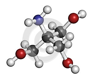 Tris buffering agent molecule. Also known as tromethamine. 3D rendering. Atoms are represented as spheres with conventional color. photo