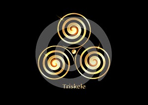 Triskelion or triskele symbol. Gold Triple spiral Celtic sacred sign. Wiccan fertility symbols logo design. Luxury Art print sign