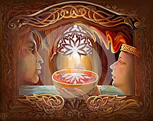 Tristan and Isolde. Oil painting on wood. Illustration of ancient Celtic legend from the 12th century. Love story.