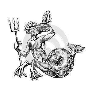 Triton, an ancient Greek God of the deep sea with a Trident, for diving logo or emblem, engraving, sketch