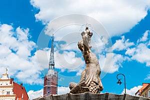 Triton Fountain in Nysa, Poland. .Marble sculpture representing baroque symbol of peace and harmony from 1701. Historic tenements