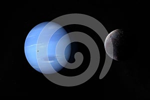 Triton and Proteus orbiting around Neptune planet. 3d render