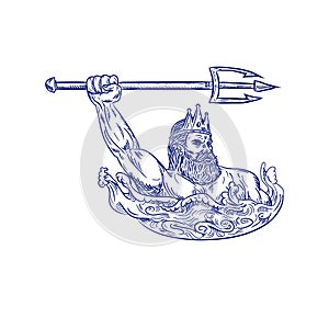 Triton Wielding Trident Drawing Blue