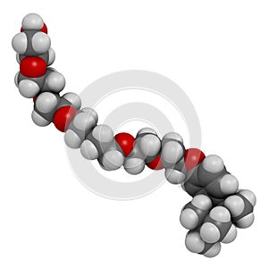 Triton x-100 detergent molecule. 3D rendering. Atoms are represented as spheres with conventional color coding: hydrogen white,