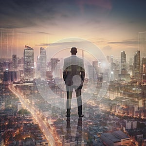 Triumph A Double Exposure of a Businessman in the Cityscape, Embodies Success and Future Plans, Generative AI