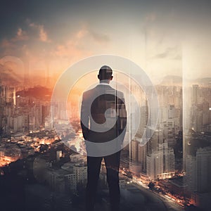 Triumph A Double Exposure of a Businessman in the Cityscape, Embodies Success and Future Plans, Generative AI