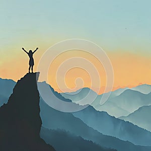 Triumph at Sunrise on Mountain Peak