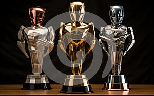 Triumph Trio Gold Silver and Bronze Trophies isolated on transparent background.