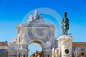 Triumphal arch 1873 and statue in Commerce Square in the city of Lisbon